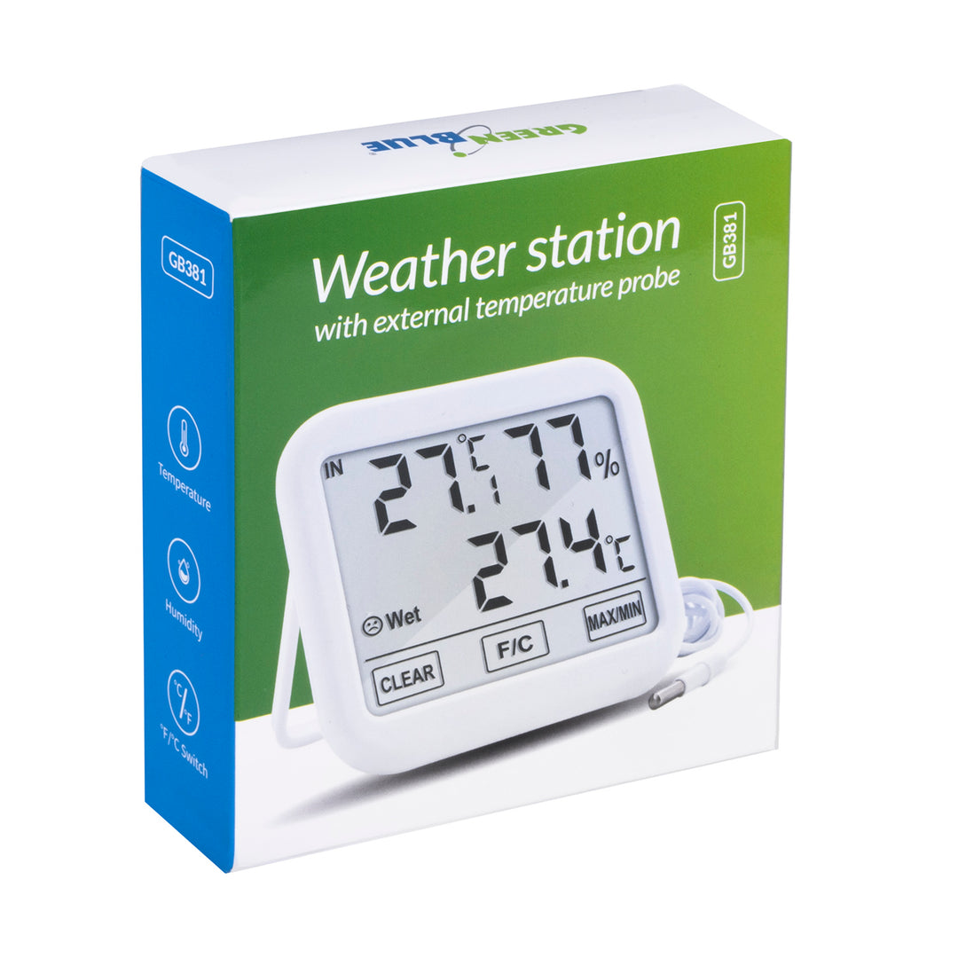 Stazione meteorologica GreenBlue con sonda esterna da 1,5 m, lunghezza cavo 1,5 m, batteria 2xAA, GB381