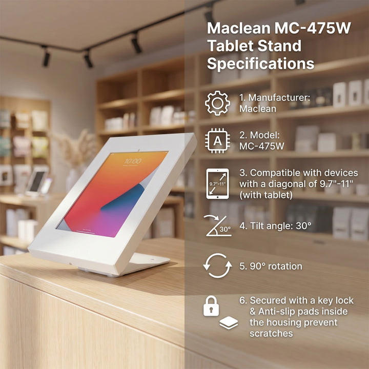 Supporto per tablet Maclean Advertising, supporto da parete/ufficio con blocco, 9,7"-11", iPad/iPad Air/iPad Pro, Samsung Galaxy Tab A/Tab A7/Tab S6 Lite, MC-475W