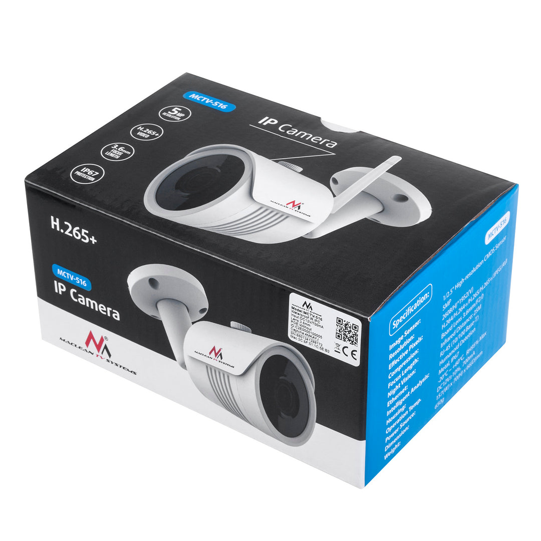Maclean MCTV-516 Telecamera IP IPC WiFi 5MPx per esterni, a tubo, CMOS 1/2,5", H.264/H.264+/H.265/H.265+/JPEG/AVI, Onvif