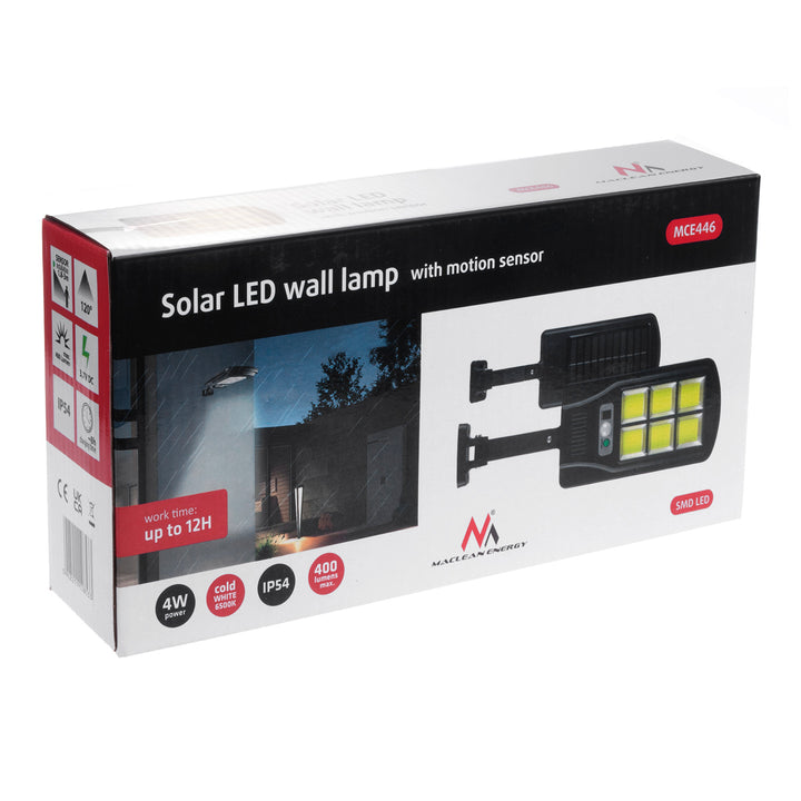 Maclean MCE446 Lampione solare con sensore di movimento e crepuscolare IP54 4W 400 Lumen 6500K Lampada solare telecomandata Lampada da parete per esterni Illuminazione esterna Lanterna stradale 3 modalità di illuminazione