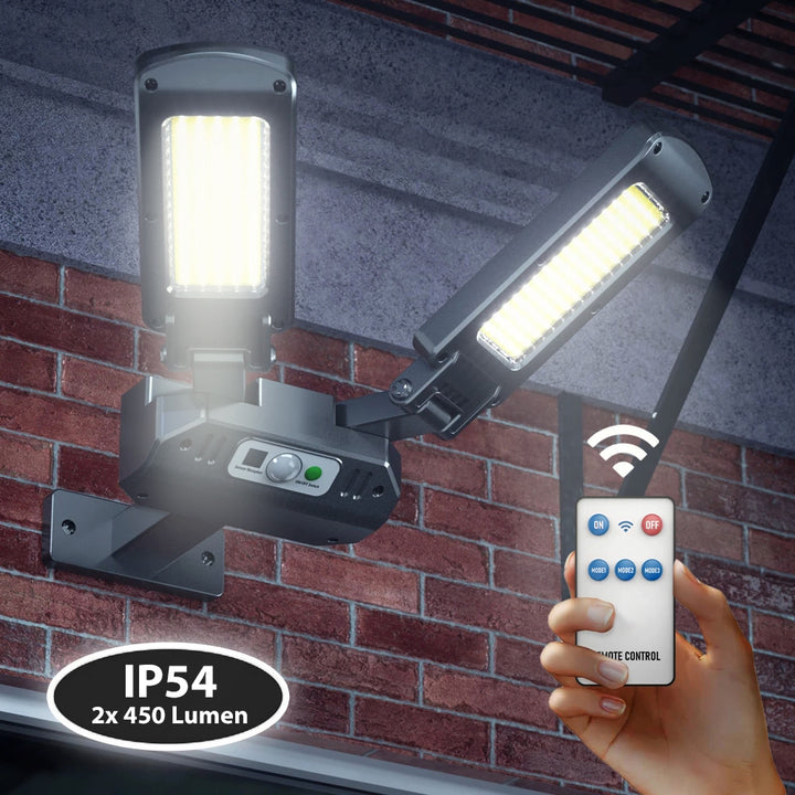 Maclean MCE447 Lampione solare con sensore di movimento e crepuscolare IP54 5W 2x 450 Lumen 6500K Due sorgenti luminose Lampada solare telecomandata Illuminazione esterna a parete Illuminazione esterna 3 modalità di illuminazione