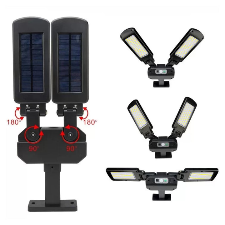 Maclean MCE447 Lampione solare con sensore di movimento e crepuscolare IP54 5W 2x 450 Lumen 6500K Due sorgenti luminose Lampada solare telecomandata Illuminazione esterna a parete Illuminazione esterna 3 modalità di illuminazione