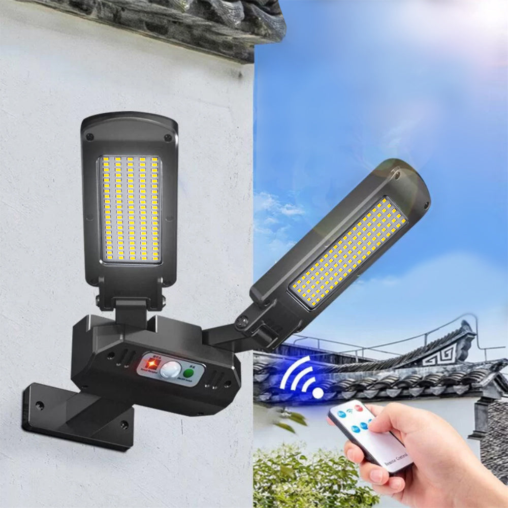 Maclean MCE447 Lampione solare con sensore di movimento e crepuscolare IP54 5W 2x 450 Lumen 6500K Due sorgenti luminose Lampada solare telecomandata Illuminazione esterna a parete Illuminazione esterna 3 modalità di illuminazione