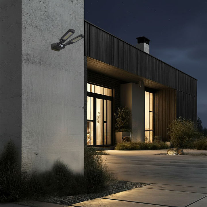 Maclean MCE447 Lampione solare con sensore di movimento e crepuscolare IP54 5W 2x 450 Lumen 6500K Due sorgenti luminose Lampada solare telecomandata Illuminazione esterna a parete Illuminazione esterna 3 modalità di illuminazione