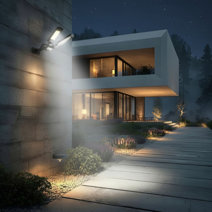 Maclean MCE447 Lampione solare con sensore di movimento e crepuscolare IP54 5W 2x 450 Lumen 6500K Due sorgenti luminose Lampada solare telecomandata Illuminazione esterna a parete Illuminazione esterna 3 modalità di illuminazione