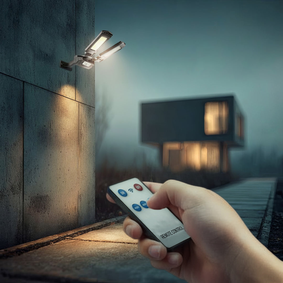 Maclean MCE447 Lampione solare con sensore di movimento e crepuscolare IP54 5W 2x 450 Lumen 6500K Due sorgenti luminose Lampada solare telecomandata Illuminazione esterna a parete Illuminazione esterna 3 modalità di illuminazione