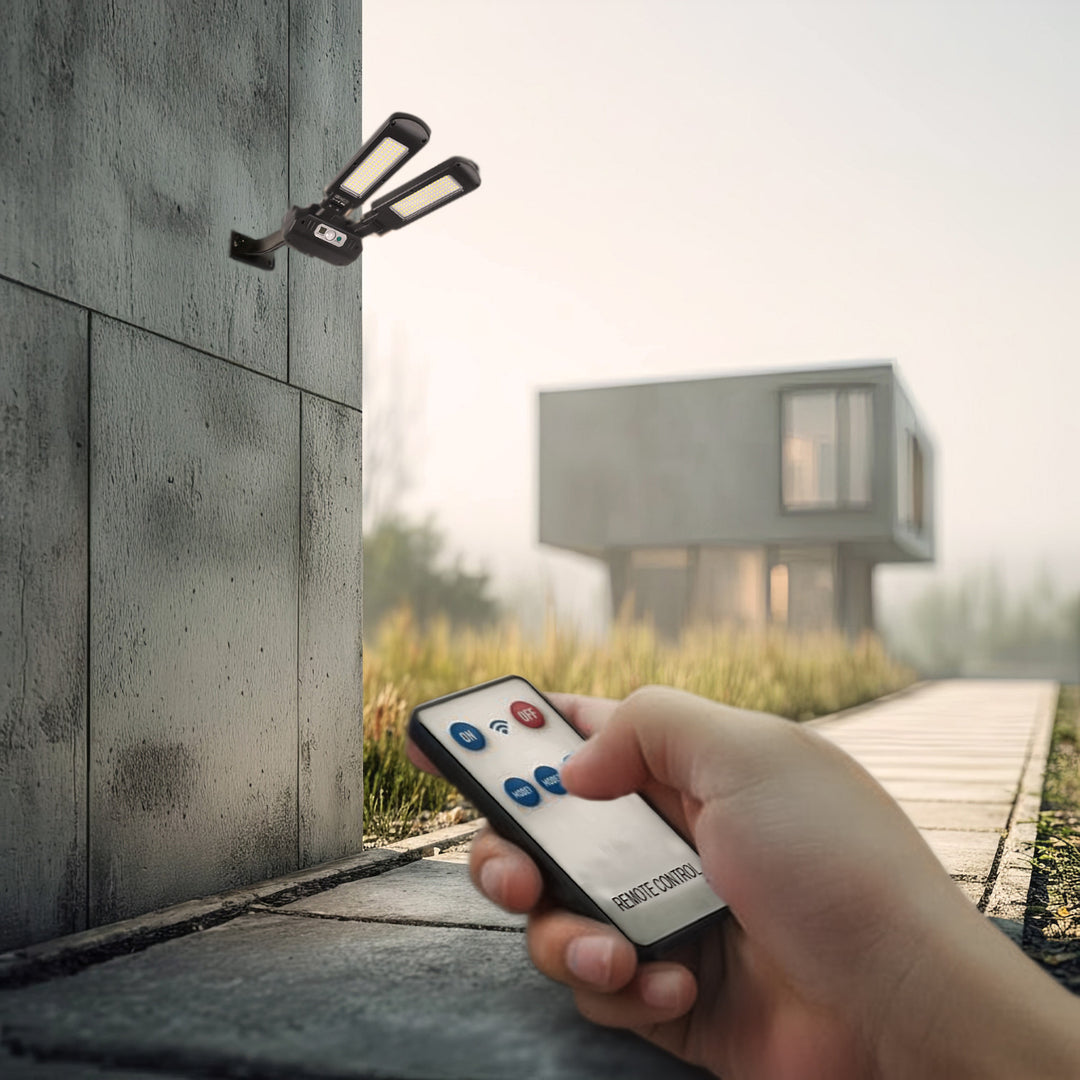 Maclean MCE447 Lampione solare con sensore di movimento e crepuscolare IP54 5W 2x 450 Lumen 6500K Due sorgenti luminose Lampada solare telecomandata Illuminazione esterna a parete Illuminazione esterna 3 modalità di illuminazione