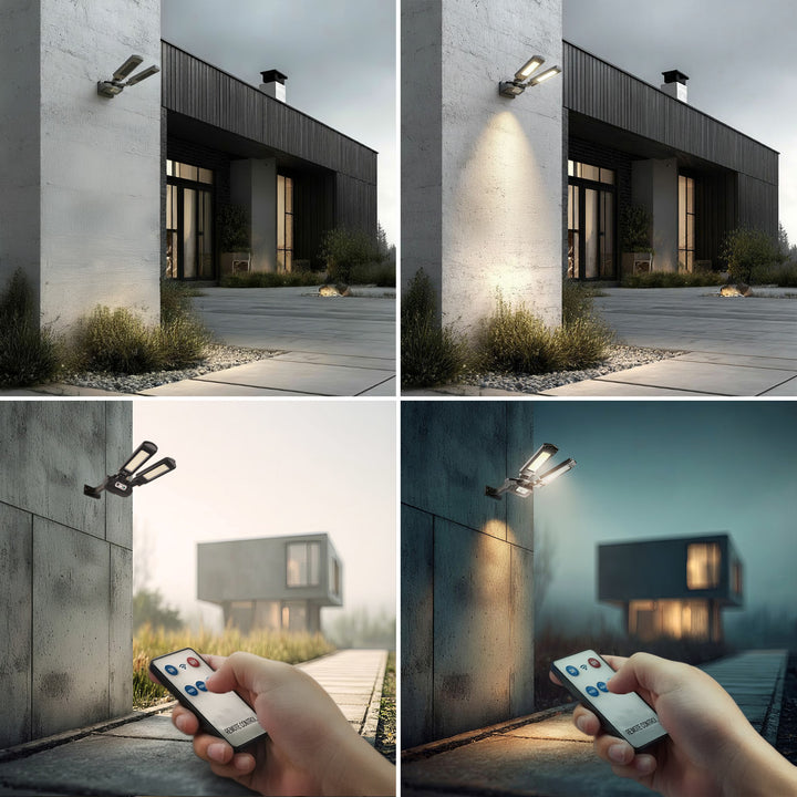 Maclean MCE447 Lampione solare con sensore di movimento e crepuscolare IP54 5W 2x 450 Lumen 6500K Due sorgenti luminose Lampada solare telecomandata Illuminazione esterna a parete Illuminazione esterna 3 modalità di illuminazione