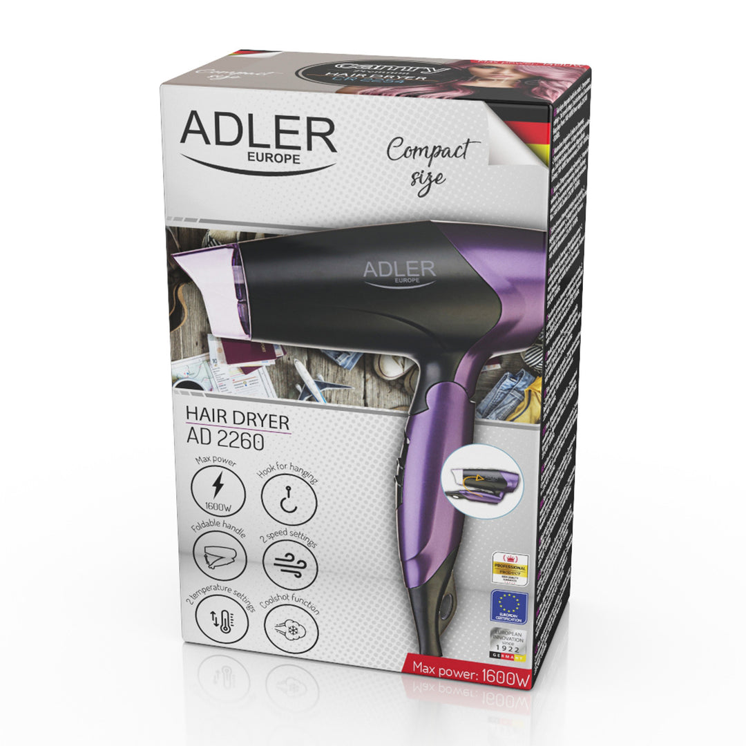 Asciugacapelli 1600W con manico pieghevole e concentratore d'aria Adler AD 2260
