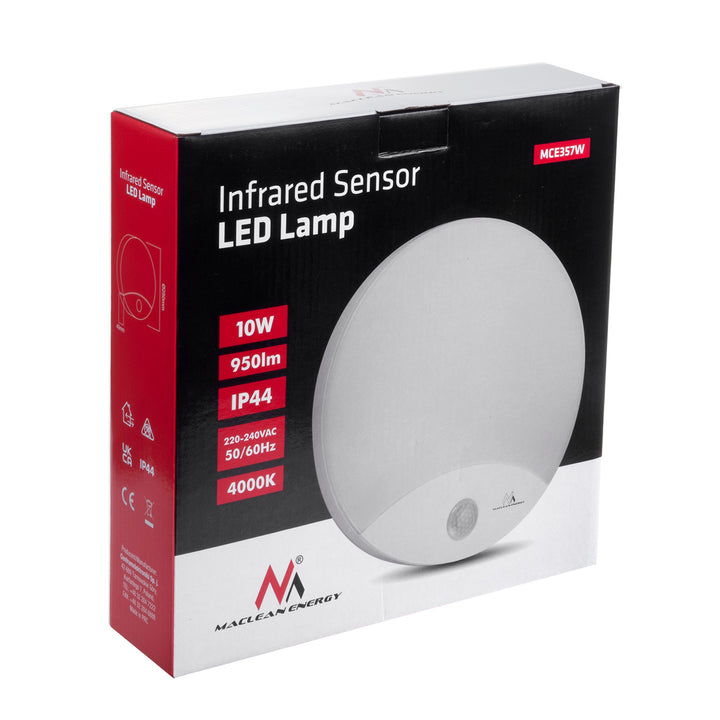 Maclean MCE357 W Lampada LED con rilevatore di movimento, ad infrarossi, bianca, 10W, IP44, bianco naturale (4000K), 900lm, diametro 25 cm