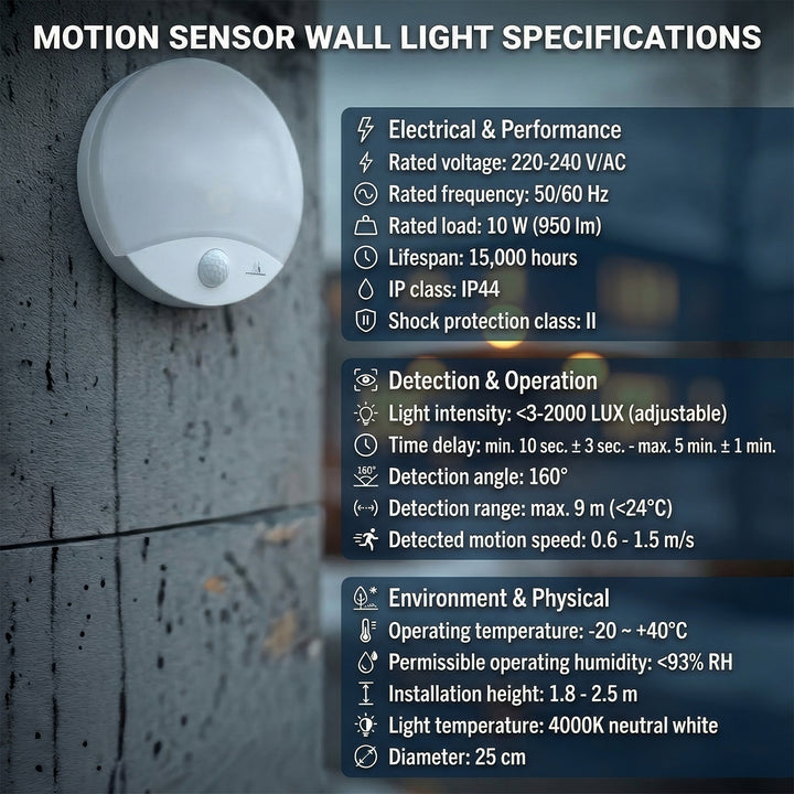 Maclean MCE357 W Lampada LED con rilevatore di movimento, ad infrarossi, bianca, 10W, IP44, bianco naturale (4000K), 900lm, diametro 25 cm
