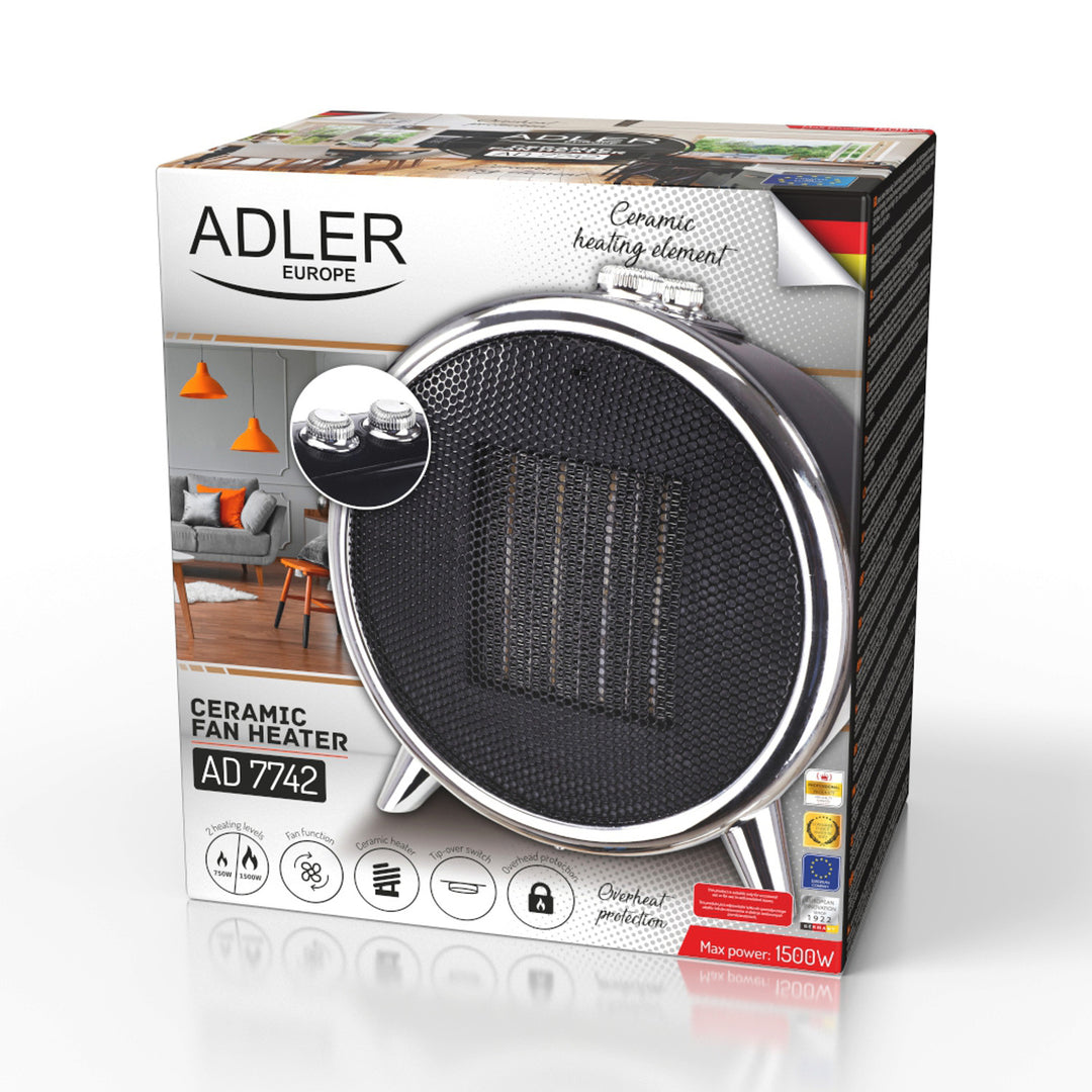 Adler AD 7742 Riscaldatore ceramico 1500 W con modalità ventilatore 2 livelli di potenza  750W o 1500W