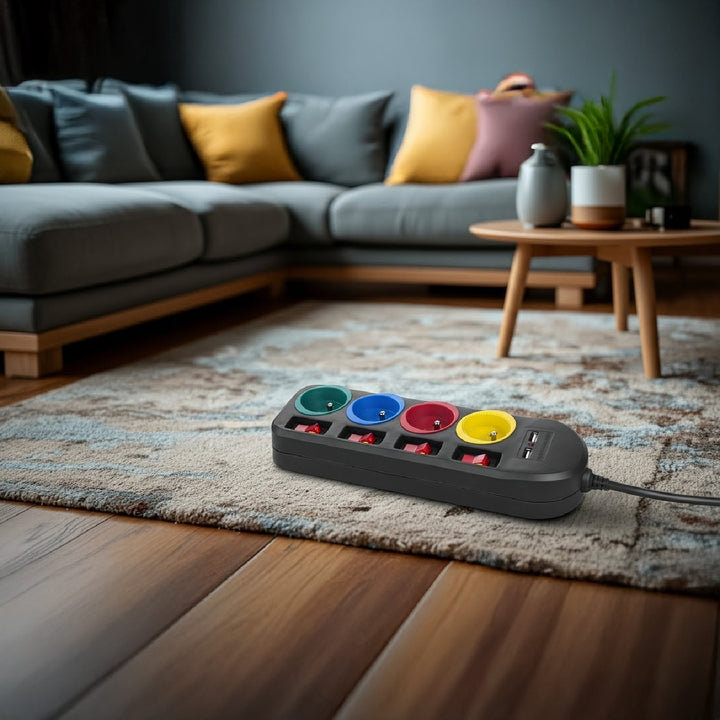 Ciabatta elettrica Maclean, cavo di prolunga a 4 prese + 2xUSB, con interruttori, 250VAC/10A, 2,1A 5V, 1,5m, nero, MCE229 B