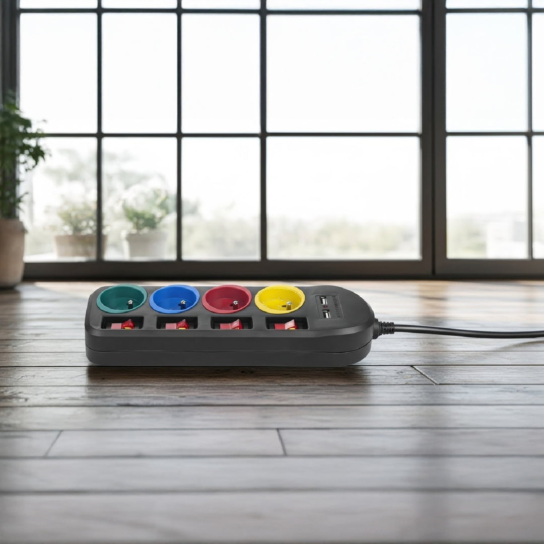 Ciabatta elettrica Maclean, cavo di prolunga a 4 prese + 2xUSB, con interruttori, 250VAC/10A, 2,1A 5V, 1,5m, nero, MCE229 B