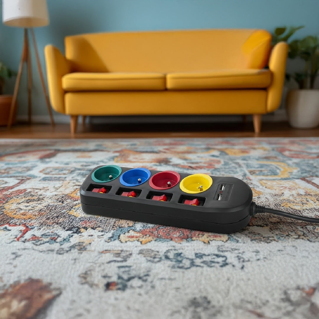 Ciabatta elettrica Maclean, cavo di prolunga a 4 prese + 2xUSB, con interruttori, 250VAC/10A, 2,1A 5V, 1,5m, nero, MCE229 B