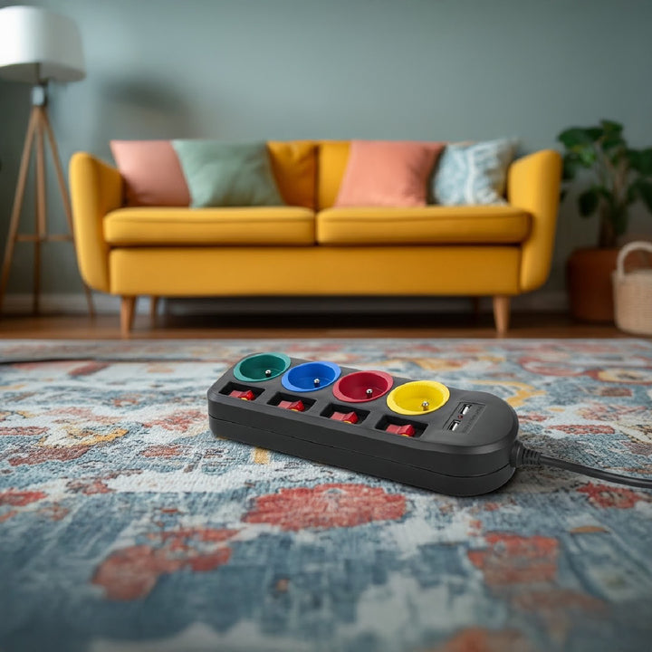 Ciabatta elettrica Maclean, cavo di prolunga a 4 prese + 2xUSB, con interruttori, 250VAC/10A, 2,1A 5V, 1,5m, nero, MCE229 B