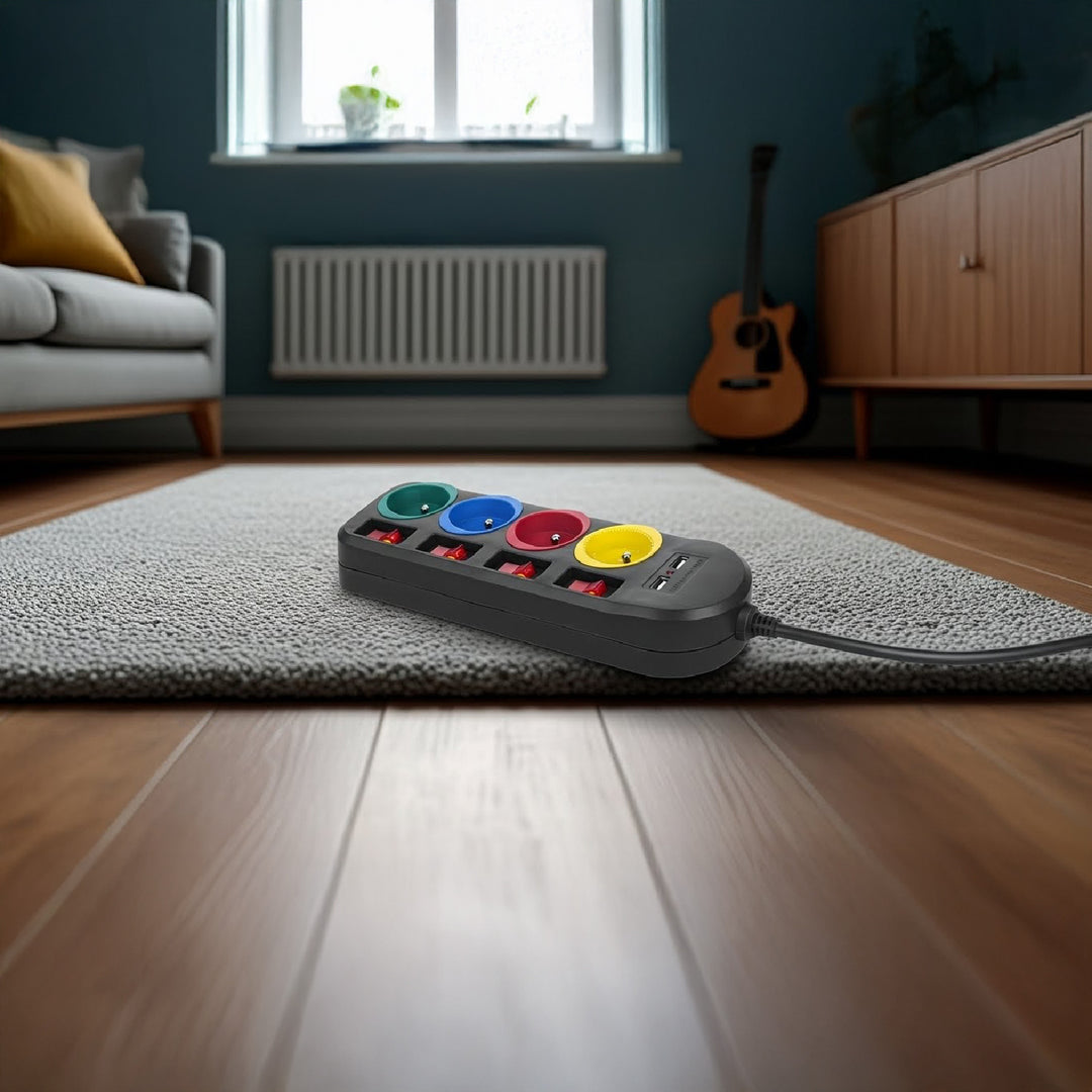 Ciabatta elettrica Maclean, cavo di prolunga a 4 prese + 2xUSB, con interruttori, 250VAC/10A, 2,1A 5V, 1,5m, nero, MCE229 B