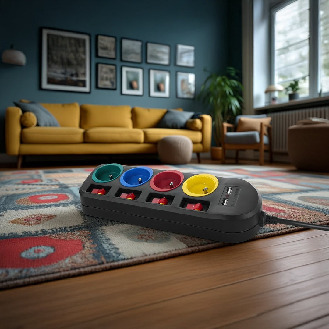 Ciabatta elettrica Maclean, cavo di prolunga a 4 prese + 2xUSB, con interruttori, 250VAC/10A, 2,1A 5V, 1,5m, nero, MCE229 B