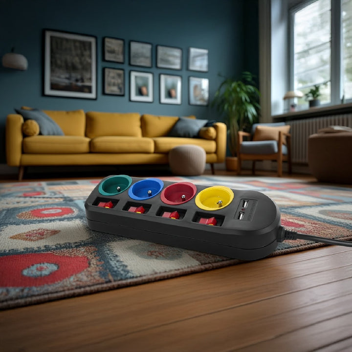 Ciabatta elettrica Maclean, cavo di prolunga a 4 prese + 2xUSB, con interruttori, 250VAC/10A, 2,1A 5V, 1,5m, nero, MCE229 B