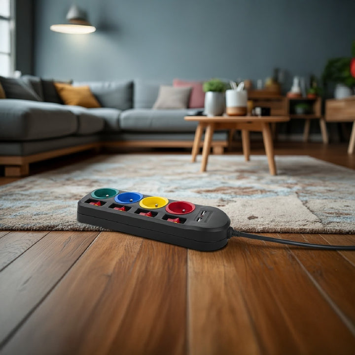 Ciabatta elettrica Maclean, cavo di prolunga a 4 prese + 2xUSB, con interruttori, 250VAC/10A, 2,1A 5V, 1,5m, nero, MCE229 B