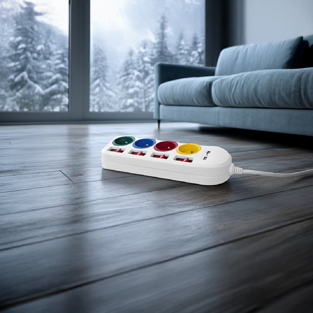 Ciabatta elettrica Maclean, cavo di prolunga a 4 prese + 2xUSB, con interruttori, 250VAC/10A, 2,1A 5V, 1,5m, bianco, MCE229 W