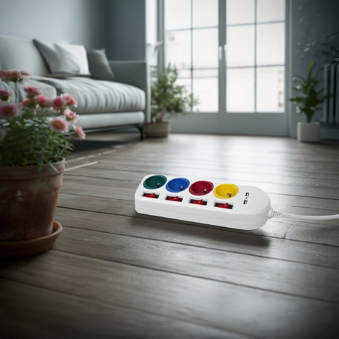 Ciabatta elettrica Maclean, cavo di prolunga a 4 prese + 2xUSB, con interruttori, 250VAC/10A, 2,1A 5V, 1,5m, bianco, MCE229 W