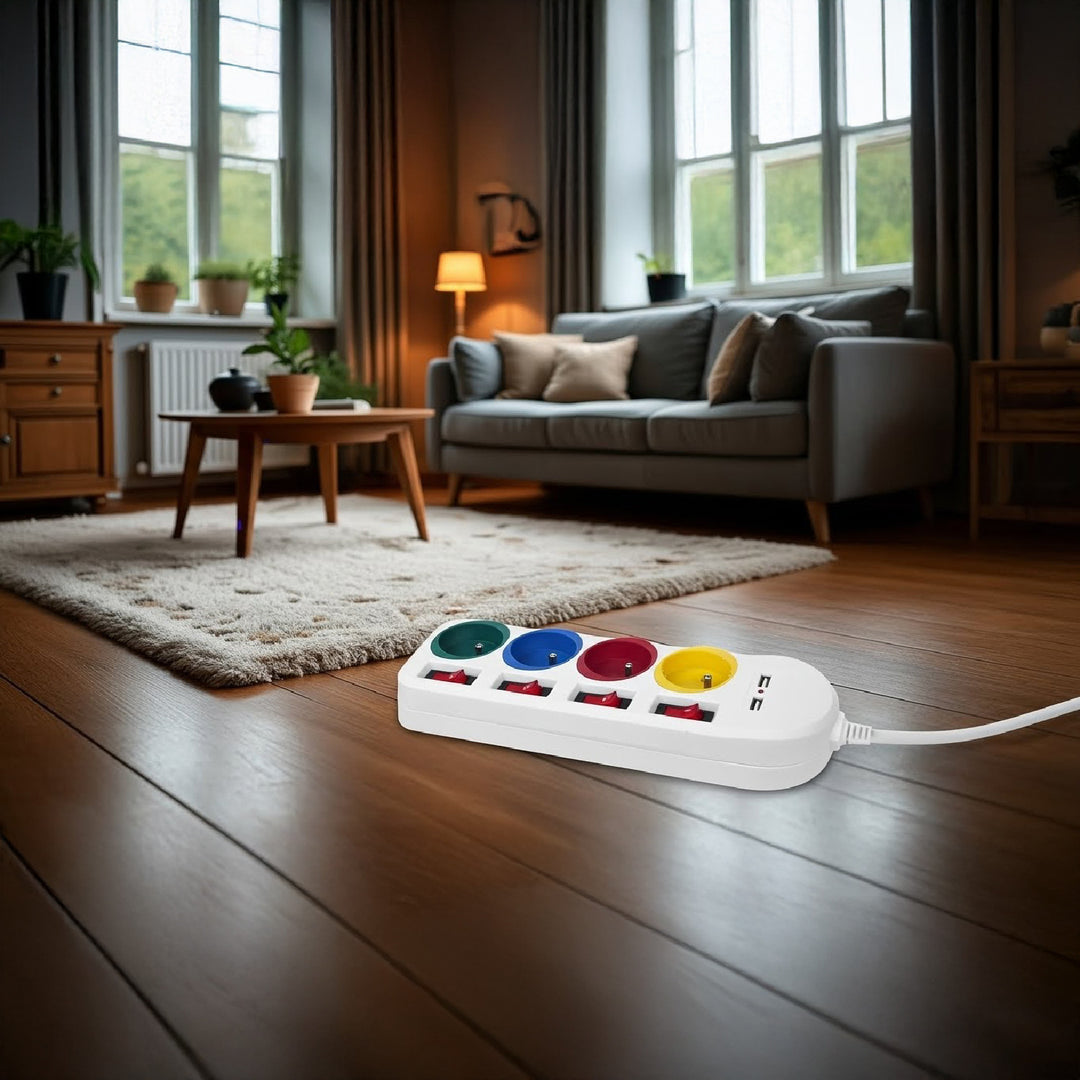 Ciabatta elettrica Maclean, cavo di prolunga a 4 prese + 2xUSB, con interruttori, 250VAC/10A, 2,1A 5V, 1,5m, bianco, MCE229 W