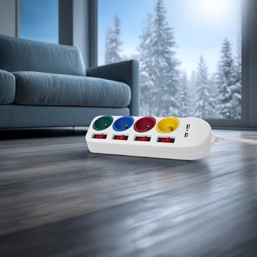 Ciabatta elettrica Maclean, cavo di prolunga a 4 prese + 2xUSB, con interruttori, 250VAC/10A, 2,1A 5V, 1,5m, bianco, MCE229 W