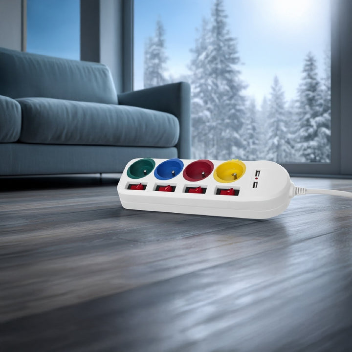 Ciabatta elettrica Maclean, cavo di prolunga a 4 prese + 2xUSB, con interruttori, 250VAC/10A, 2,1A 5V, 1,5m, bianco, MCE229 W