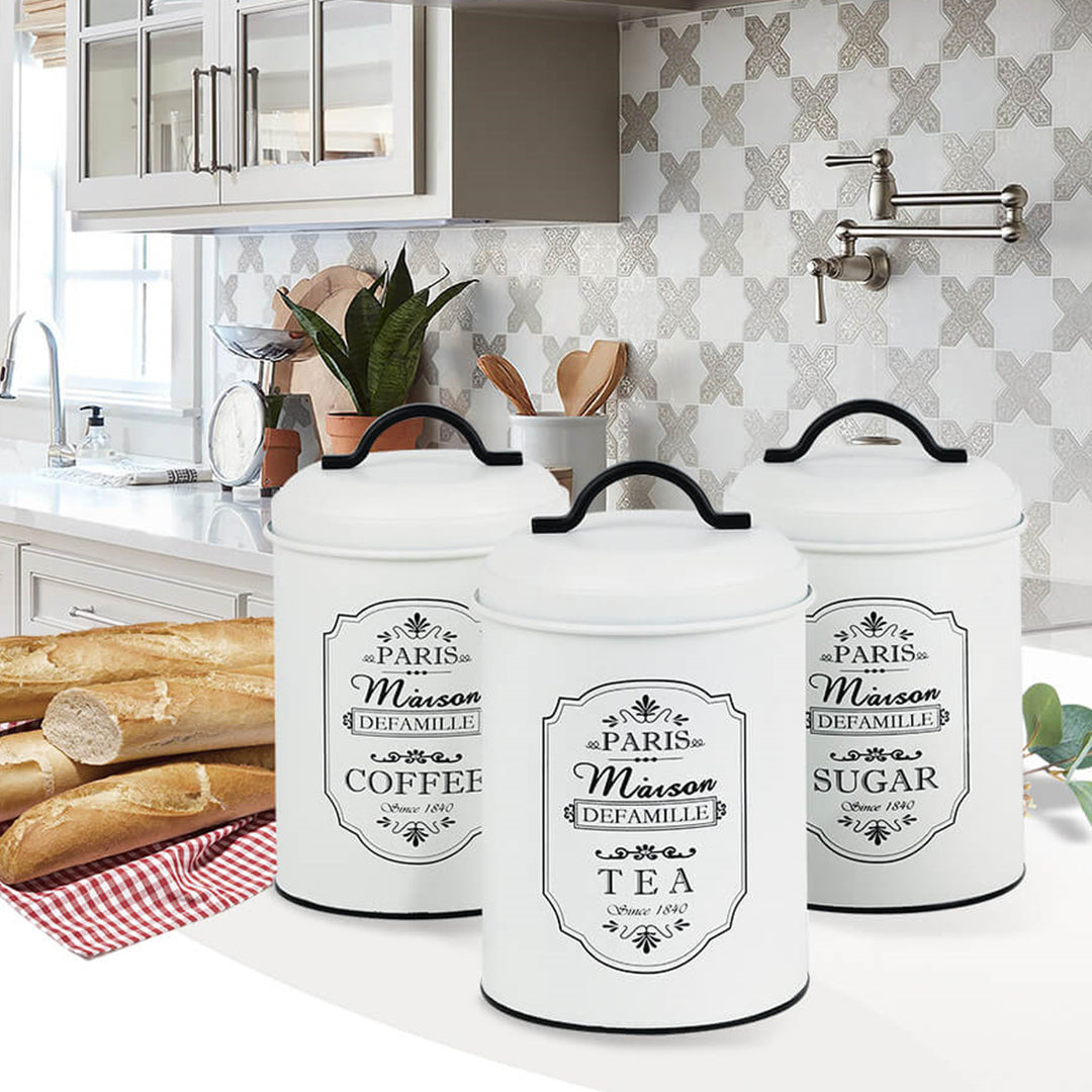 Set  3x barattoli per conservazione Paris  Zucchero Caffè Tè 3x Ø11,3 x 18,5cm Bianco/Nero Cucina Contenitore
