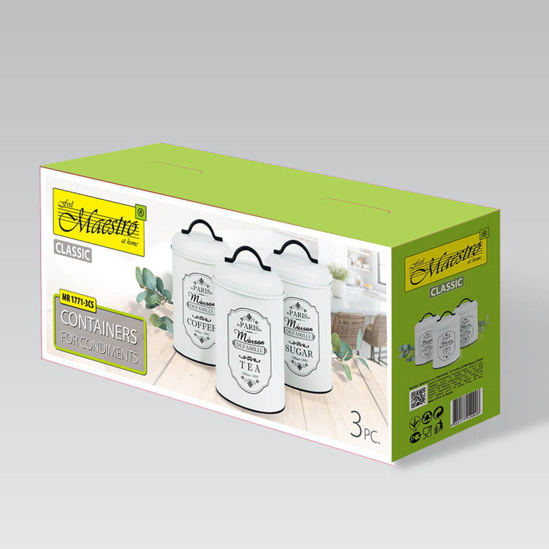Set  3x barattoli per conservazione Paris  Zucchero Caffè Tè 3x Ø11,3 x 18,5cm Bianco/Nero Cucina Contenitore