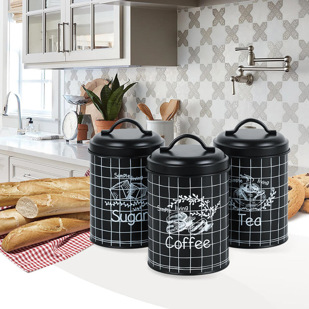 Set di 3 Contenitori in metallo Contenitore da cucina per zucchero caffè tè 3x Ø11,8 x 18,8 cm Nero