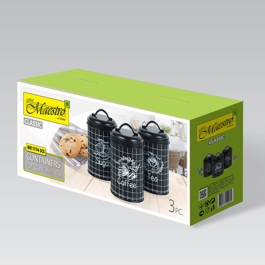 Set di 3 Contenitori in metallo Contenitore da cucina per zucchero caffè tè 3x Ø11,8 x 18,8 cm Nero