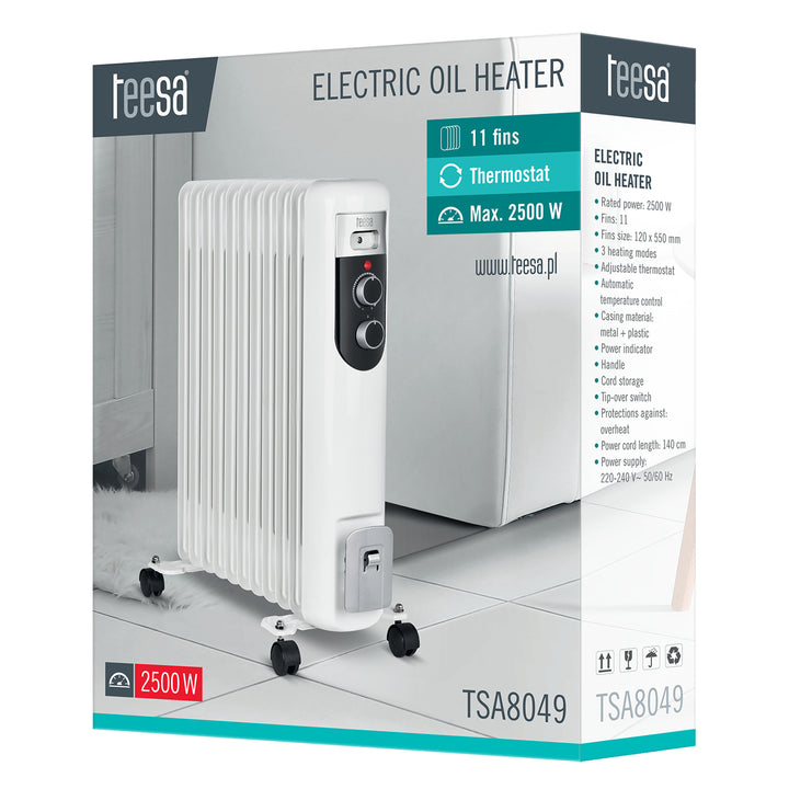 TSA8049 Riscaldatore  elettrico ad olio 2500 W (11 alette) Termostato, 3 impostazioni di calore, su 4x ruote Bianco