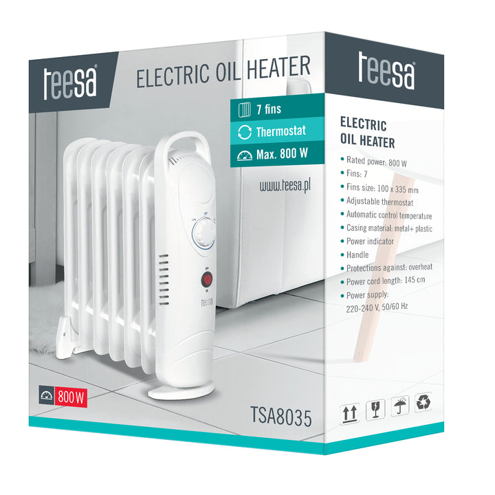 TSA8035 Riscaldatore elettrico ad olio 800 W (7 alette), Radiatore con termostato, 3 stadi di potenza, bianco