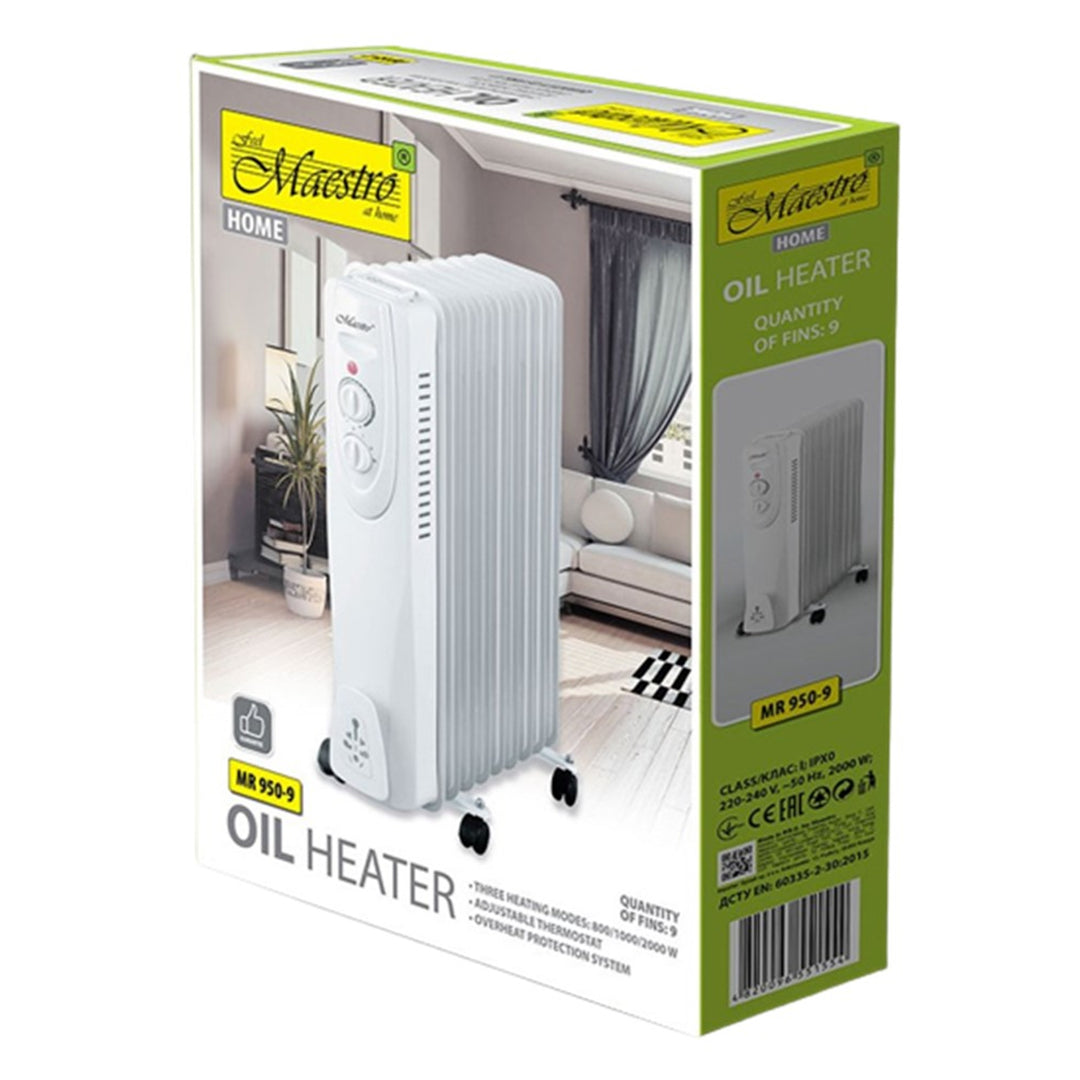 Maestro MR-950 Radiatore elettrico ad olio  Riscaldatore 2000W 9 alette 3 impostazioni di calore 800 /1200 /2000 W Termostato