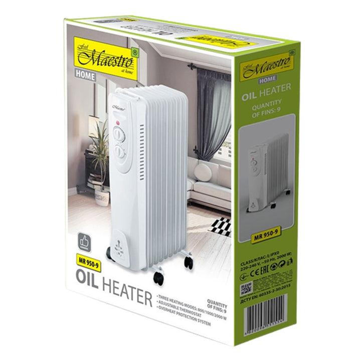 Maestro MR-950 Radiatore elettrico ad olio  Riscaldatore 2000W 9 alette 3 impostazioni di calore 800 /1200 /2000 W Termostato