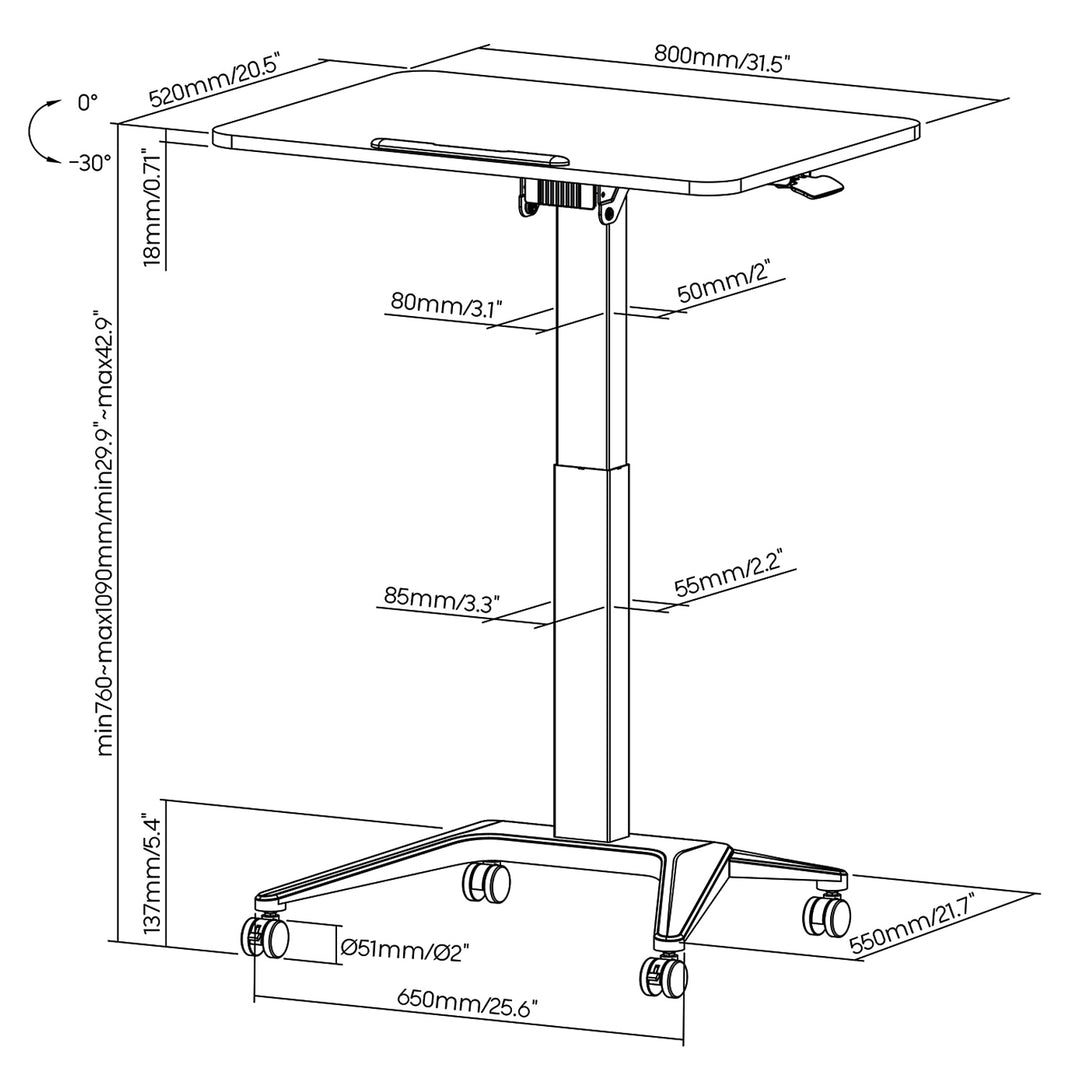 Scrivania mobile Maclean per laptop, nera, regolazione pneumatica dell'altezza, 80x52cm, 8kg max, 109cm h, MC-453B