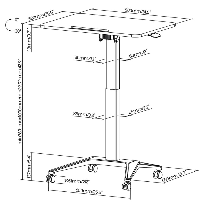 Scrivania mobile Maclean per laptop, nera, regolazione pneumatica dell'altezza, 80x52cm, 8kg max, 109cm h, MC-453B