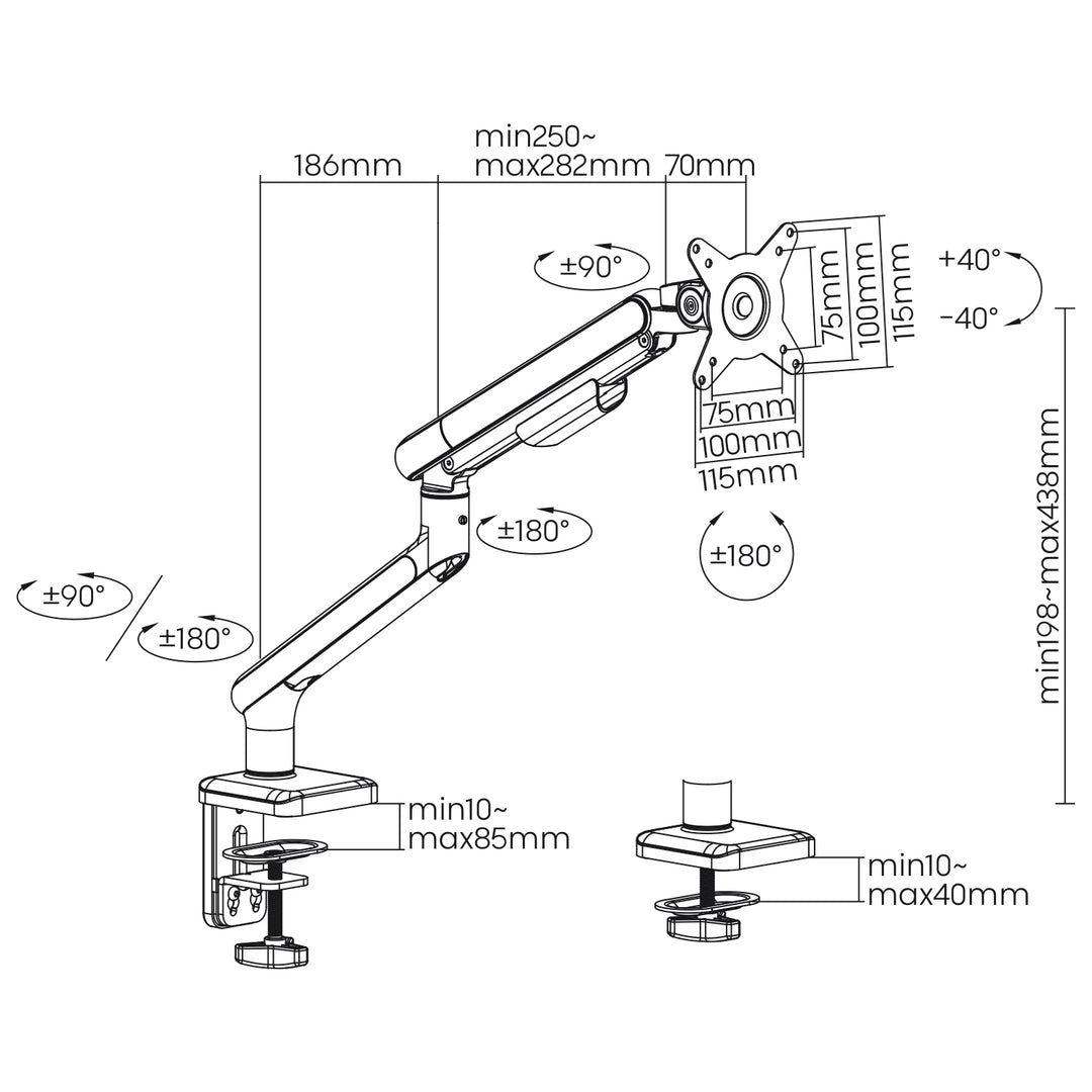 Supporto per monitor LCD Ergo Office, molla a gas, VESA 75x75 e 100x100, 17-32" 9kg, ER-751