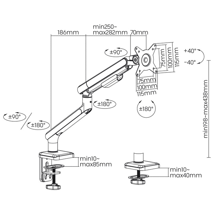 Supporto per monitor LCD Ergo Office, molla a gas, VESA 75x75 e 100x100, 17-32" 9kg, ER-751