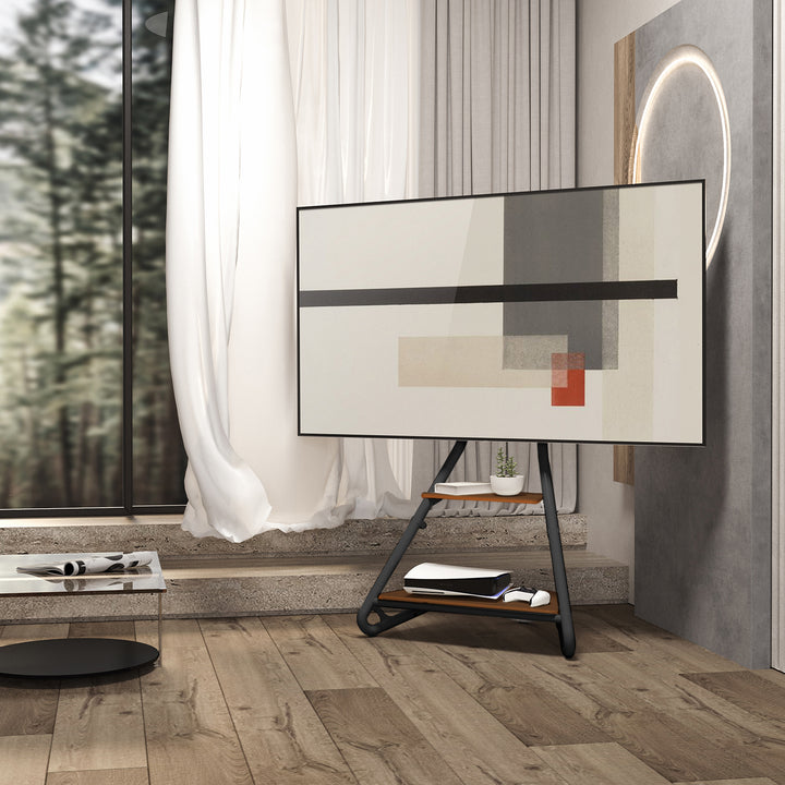 Supporto TV/angolare Maclean, stile bauhaus, ripiani in legno a due livelli, 40 kg max, 37-75'', MC-455