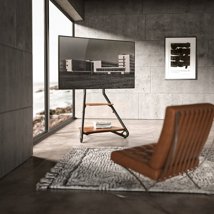 Supporto TV/angolare Maclean, stile bauhaus, ripiani in legno a due livelli, 40 kg max, 37-75'', MC-455