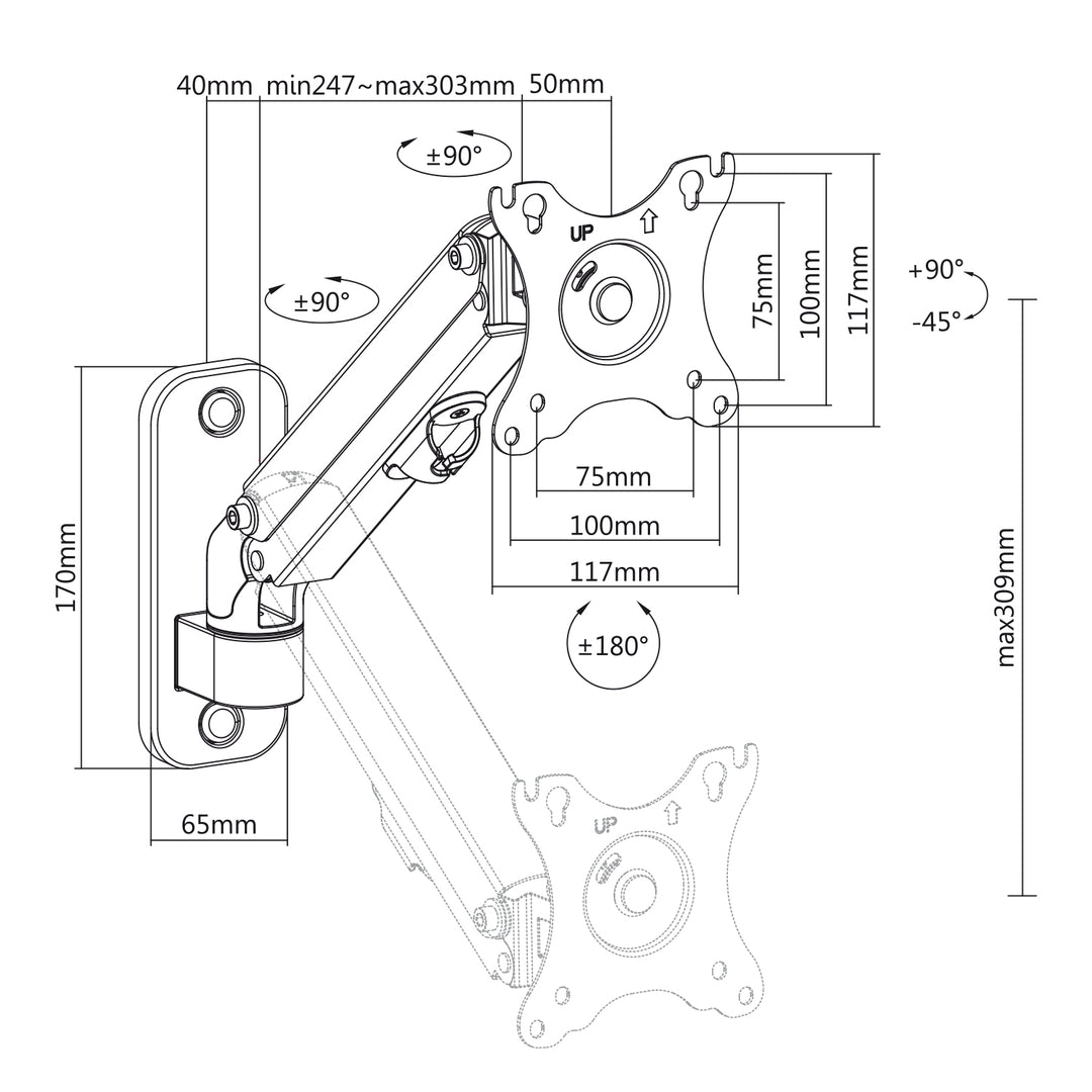 Supporto a parete per monitor Maclean, 17-27'', 7 kg max, molla a gas, MC-458
