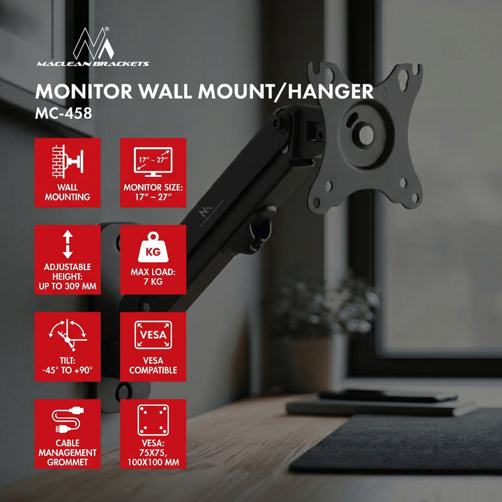 Supporto a parete per monitor Maclean, 17-27'', 7 kg max, molla a gas, MC-458