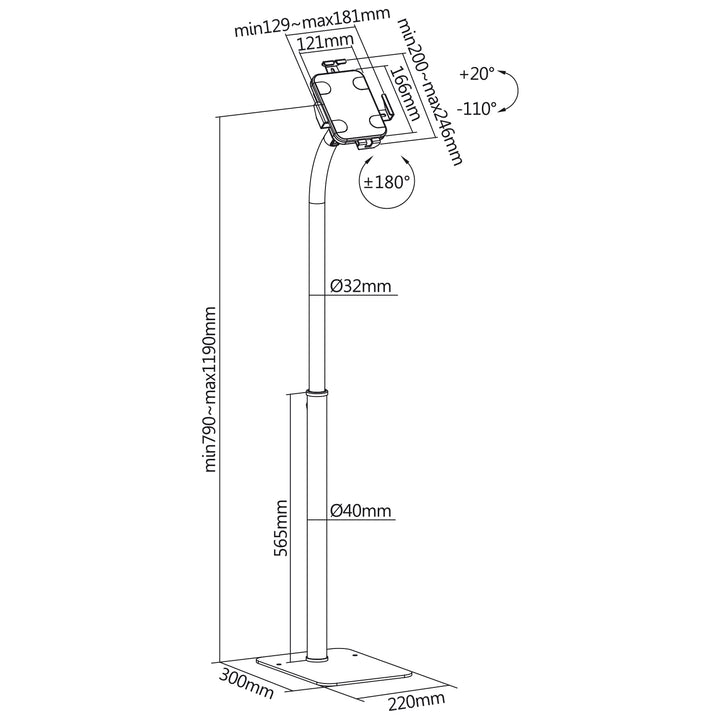 Supporto pubblicitario per tablet Maclean, montaggio a pavimento con blocco, 7,9"-11", universale, MC-467W