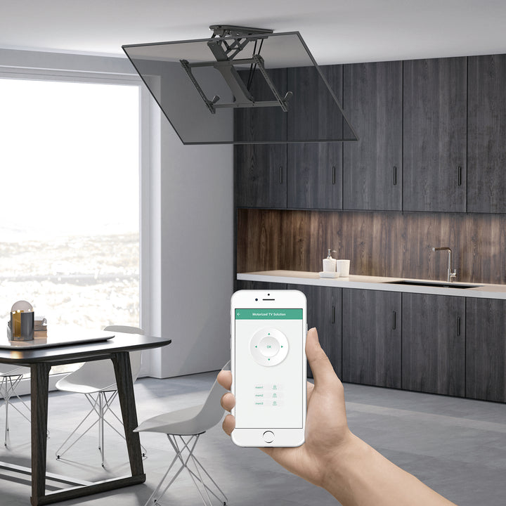 Supporto elettrico a soffitto Maclean per TV, supporto compatibile con applicazione TUYA, VESA max 600x400, per pareti inclinate, telecomando, 32"-70", 35kg, MC-880T