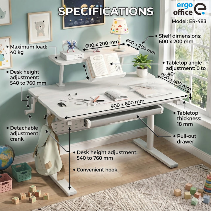 Scrivania per bambini Ergo Office, regolabile in altezza, grigio, max 40 kg, 900x600 mm, ER-483
