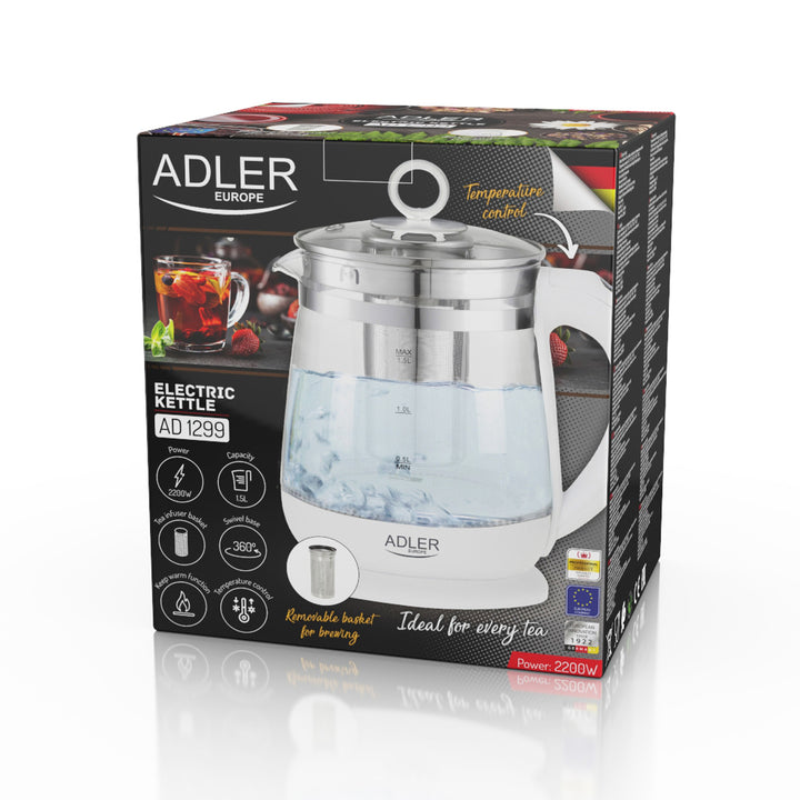 Bollitore in vetro da 1,5 L con infusore e controllo della temperatura Adler AD 1299