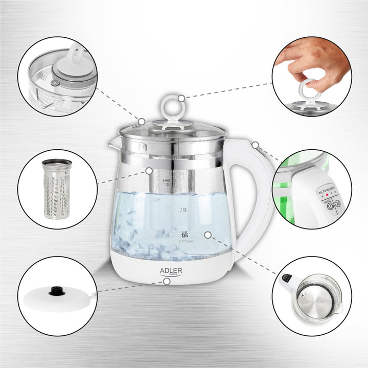 Bollitore in vetro da 1,5 L con infusore e controllo della temperatura Adler AD 1299